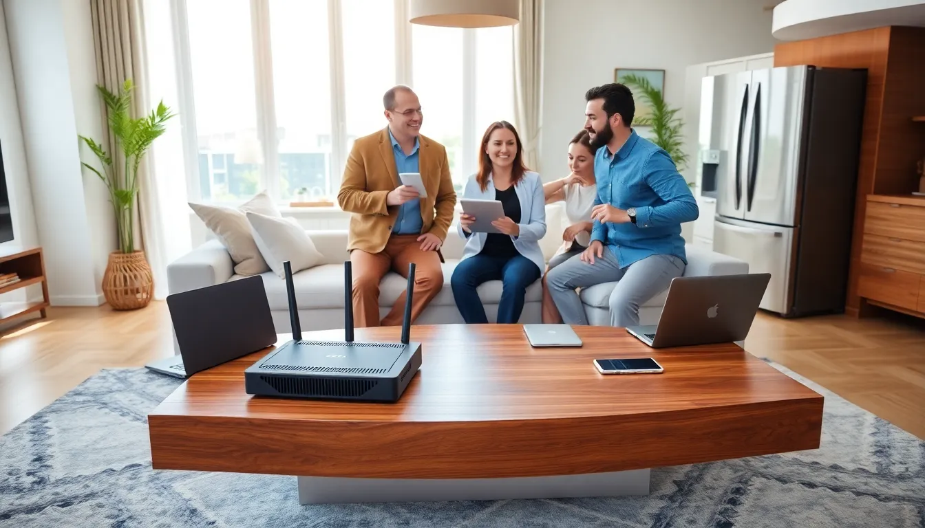 diverse professionals discussing home networking in a modern living room.