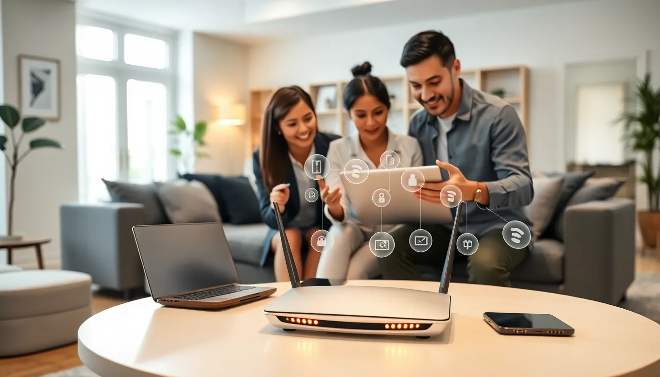 professionals discussing home networking in a modern office setting.