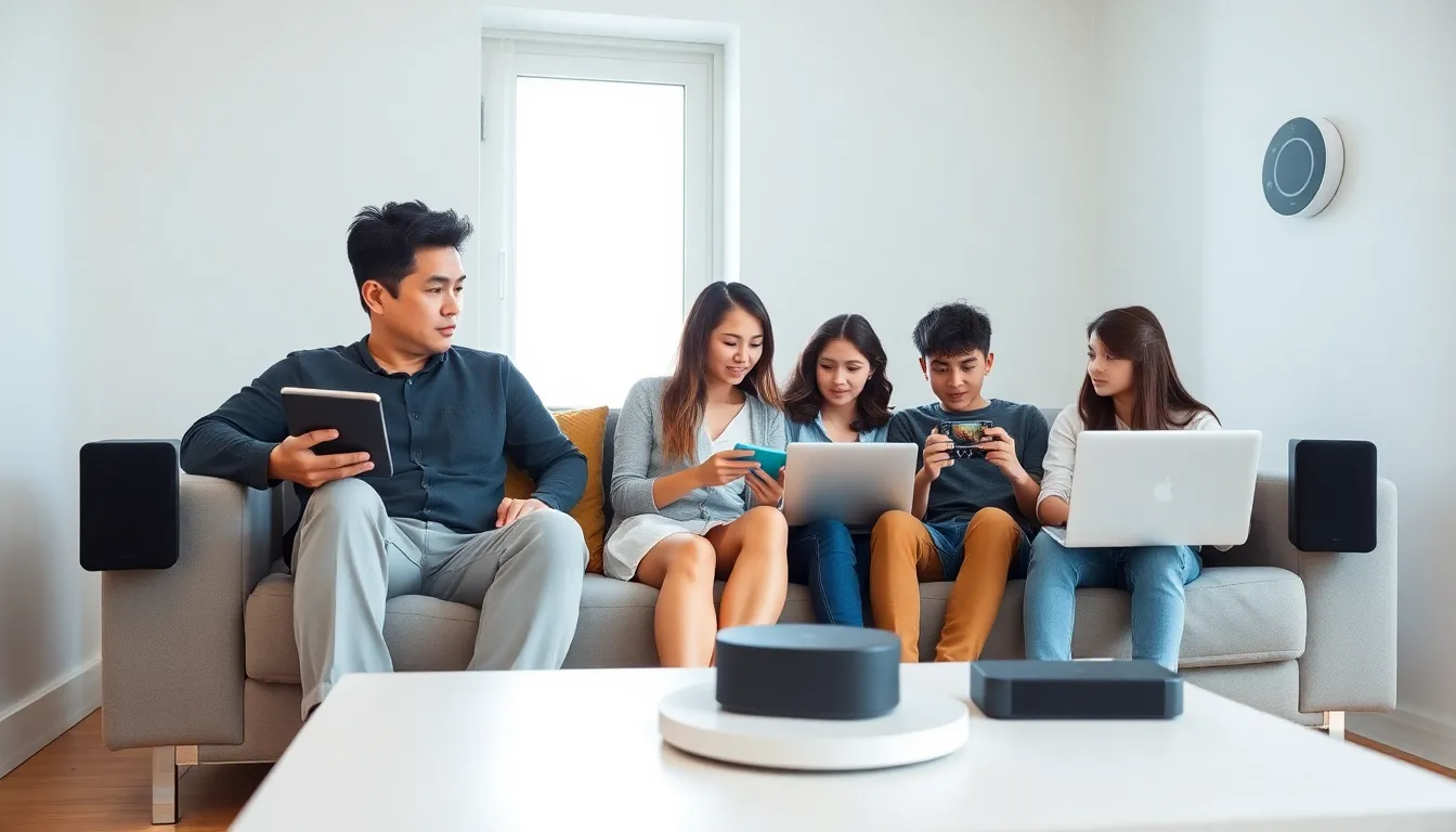 family using multiple devices in a modern living room.
