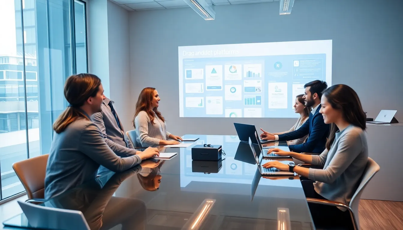 diverse professionals collaborating on a low code platform in a modern office.