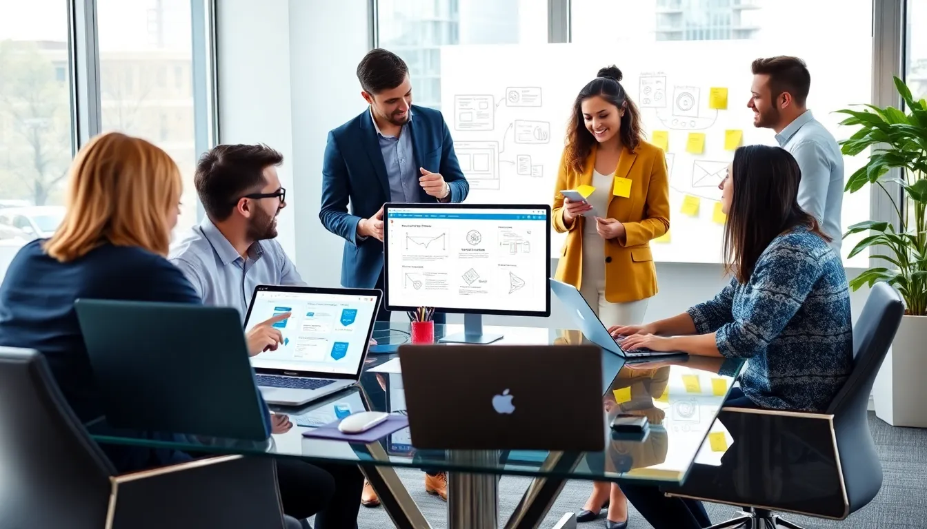 diverse team collaborating in a modern office using low-code platforms.