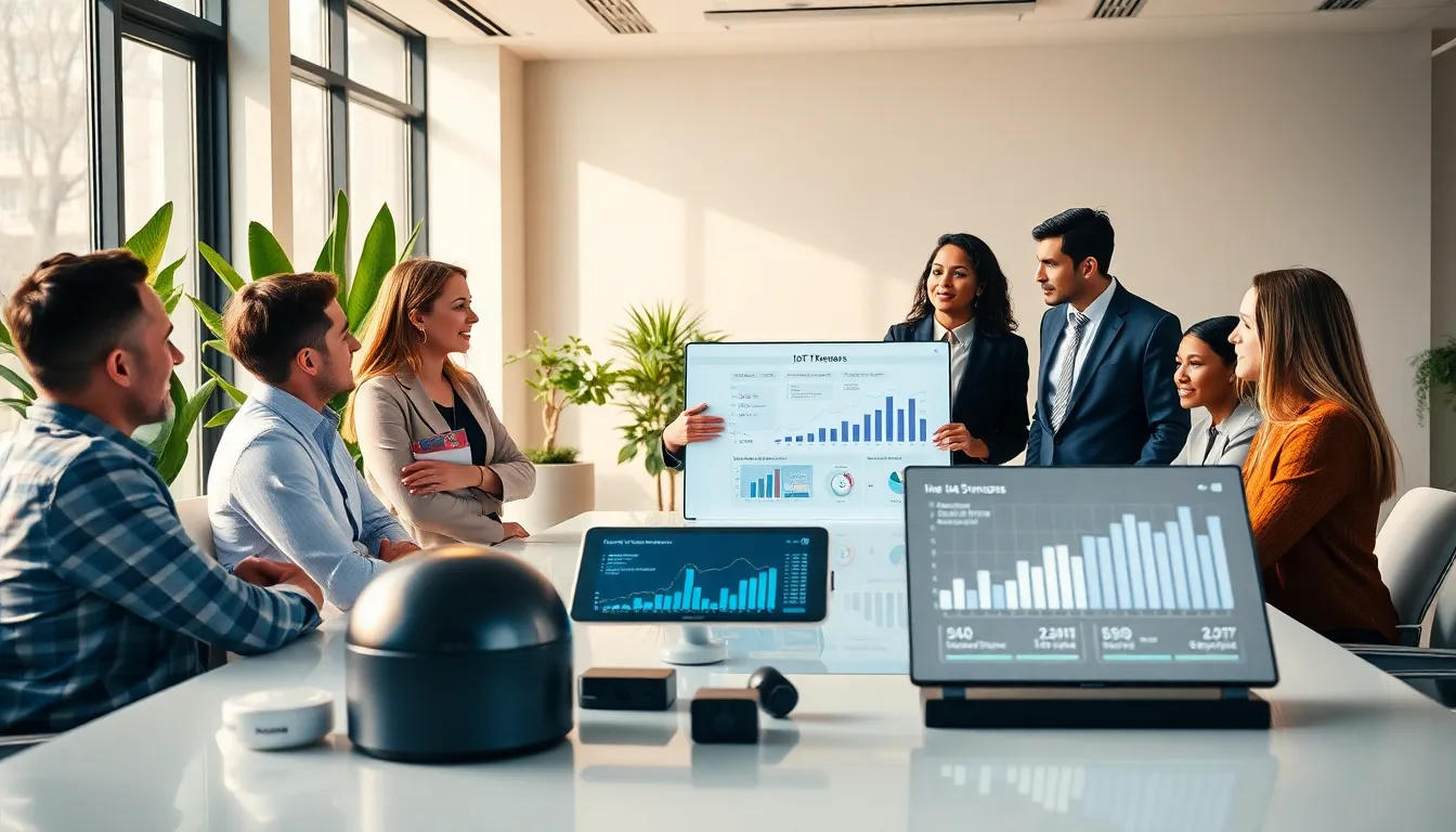 diverse team discussing IoT in a modern office.