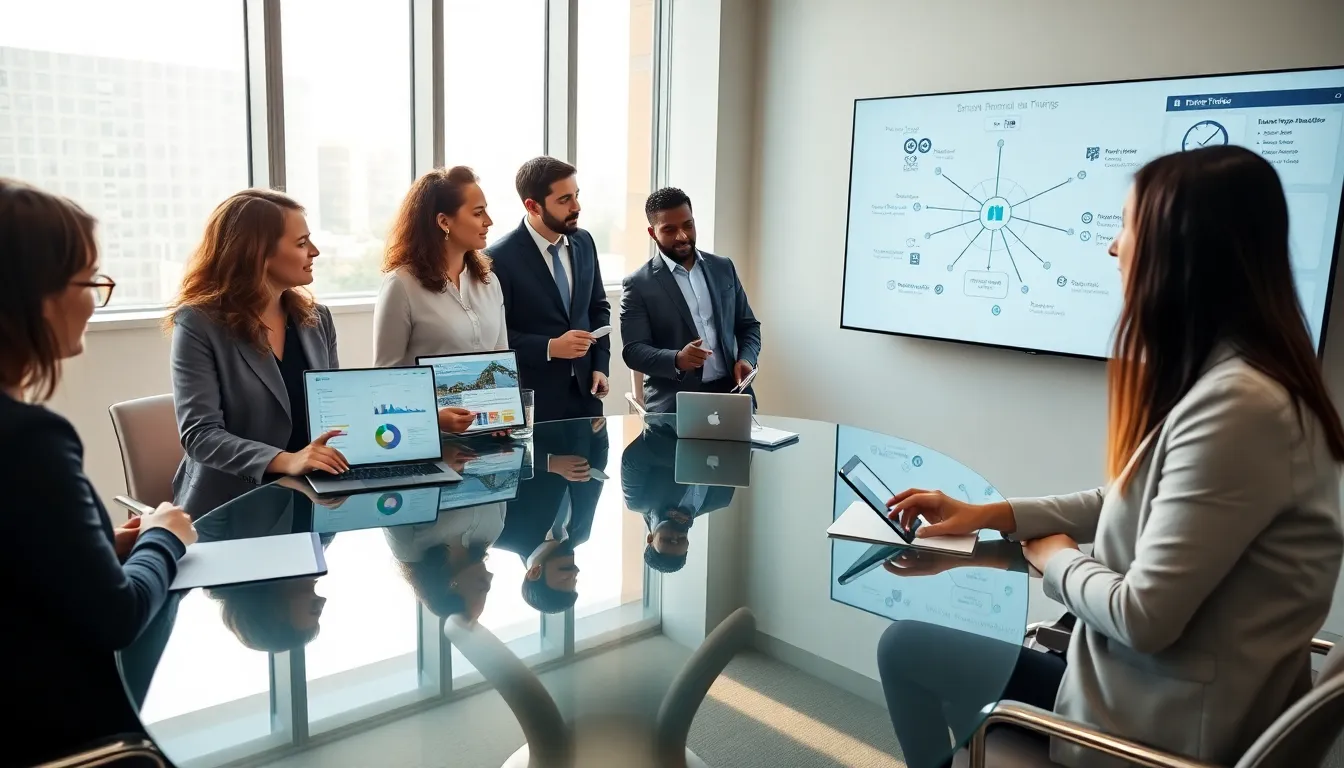diverse team collaborating on IoT software development in a modern office.