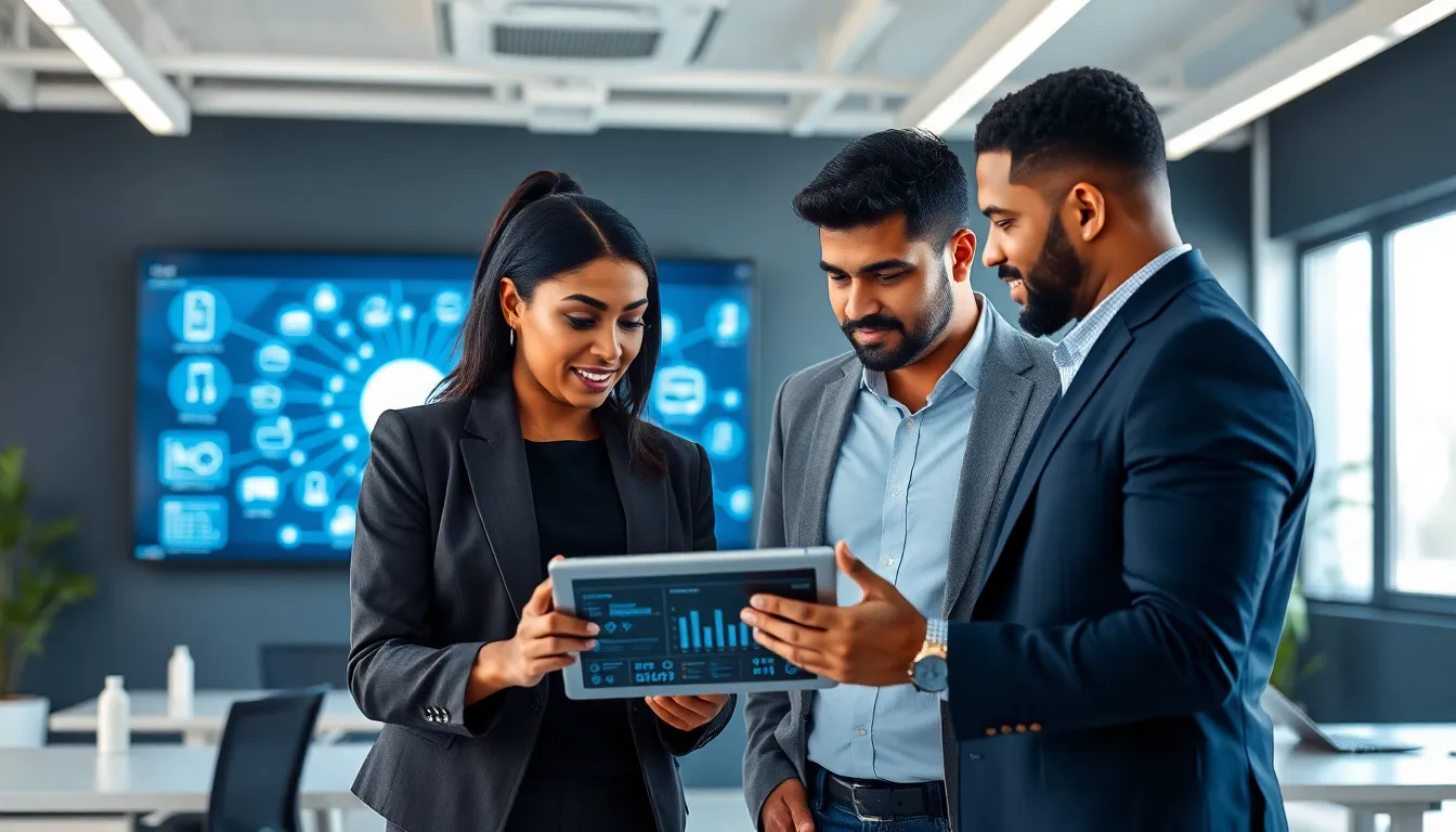 diverse team discussing IoT software solutions in a modern office.