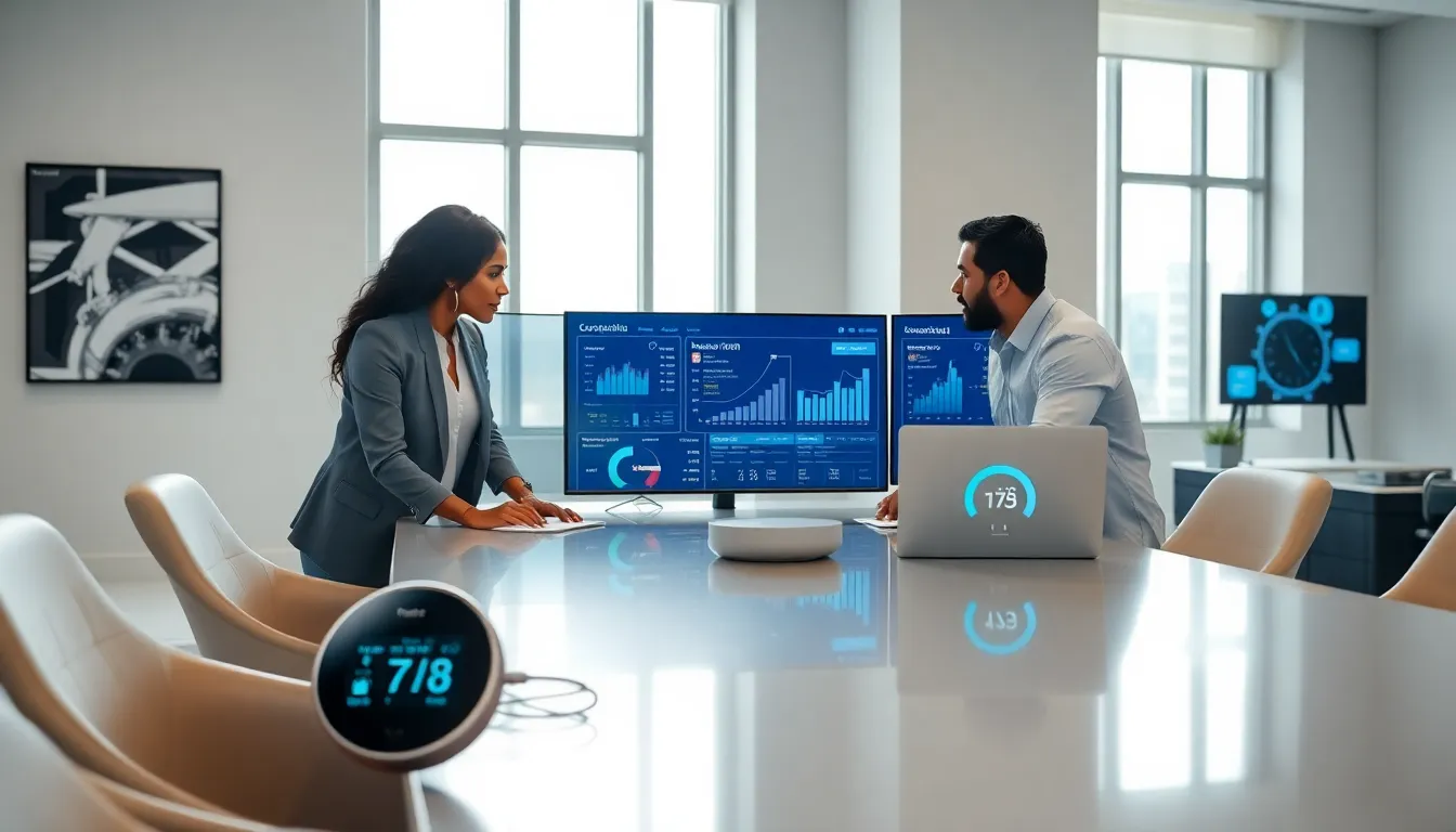 diverse team collaborating on IoT infrastructure in a modern office.