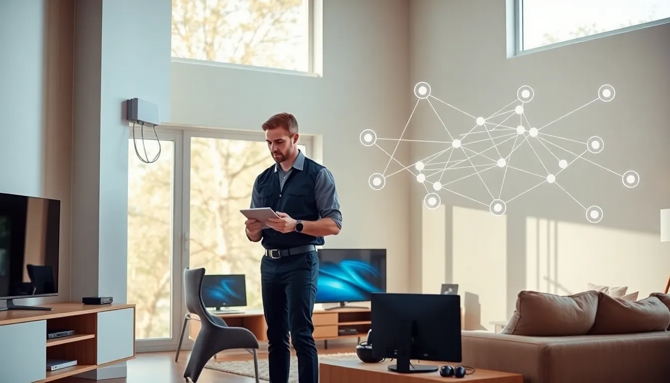 Technician installing a home networking system in a modern living room.
