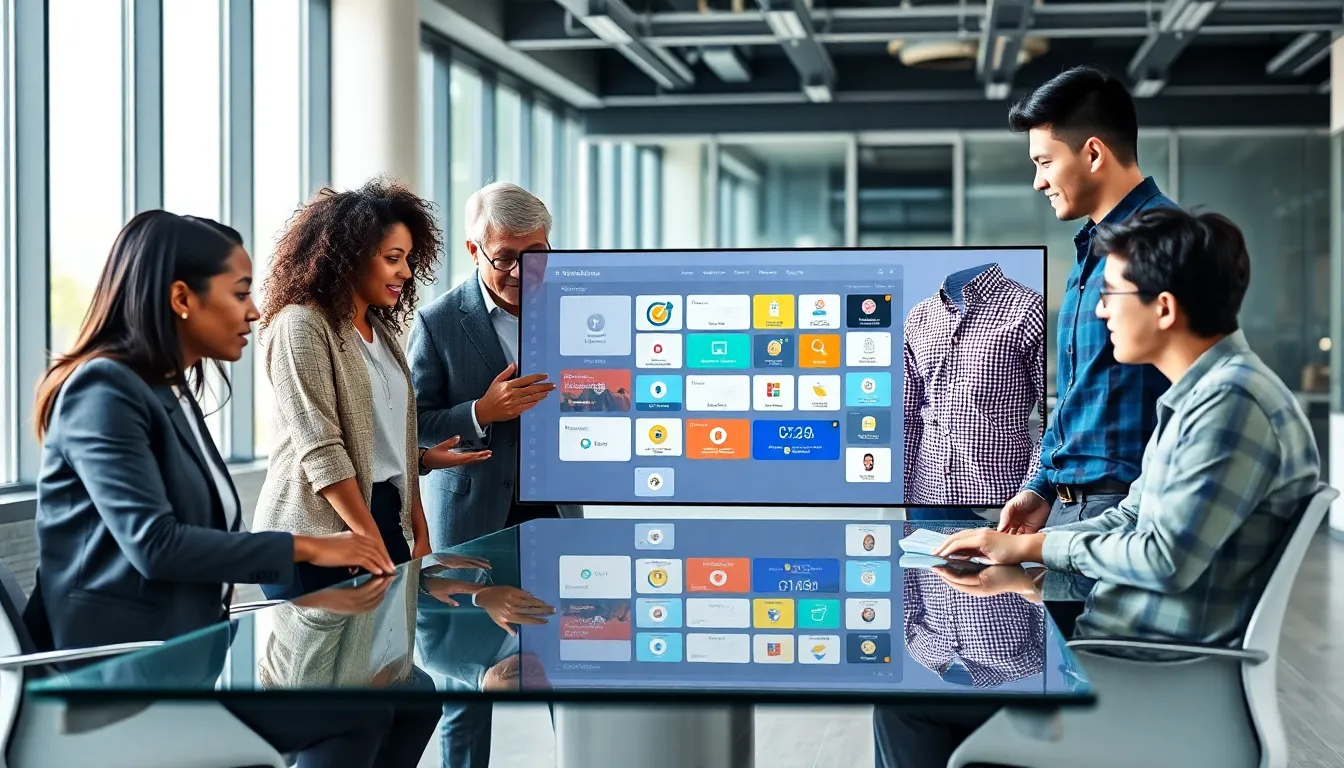 diverse team collaborating on low code no code platforms in a modern office.
