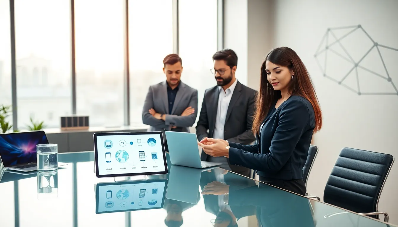 diverse team discussing IoT and cloud computing in a modern office.